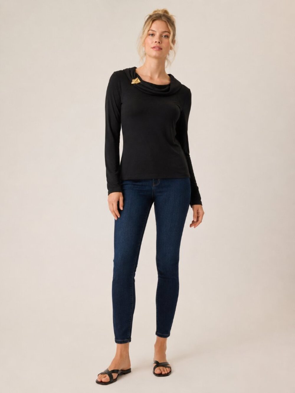 2/$30 Commense Ribbed Cowl Neck Knit Top with Gold Brooch Black Small #A4153